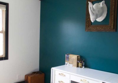 Peacock Accent Wall In Office With Black Trim